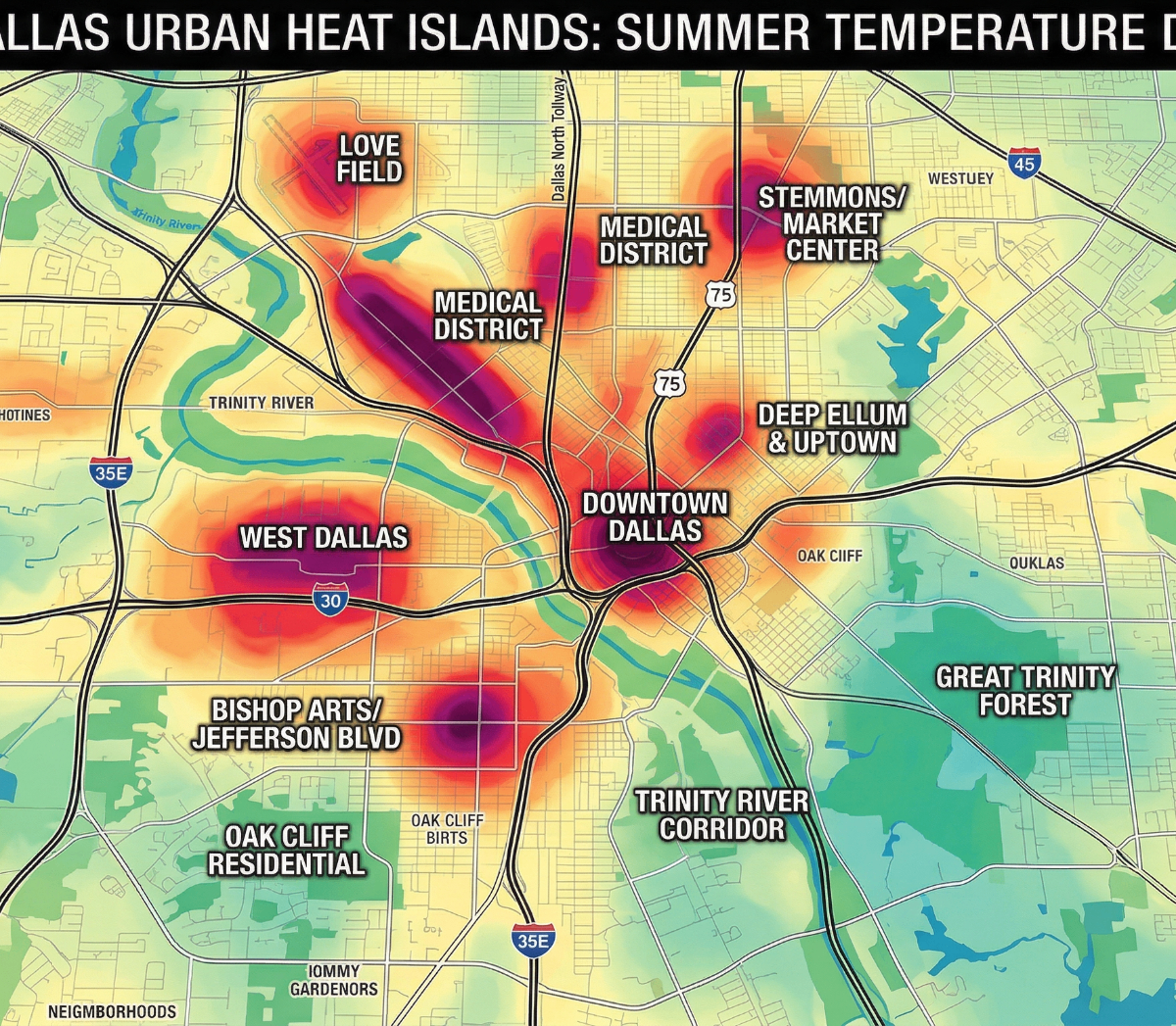 Dallas Urban Heat Island heatmap showing summer temperature differentials across neighborhoods