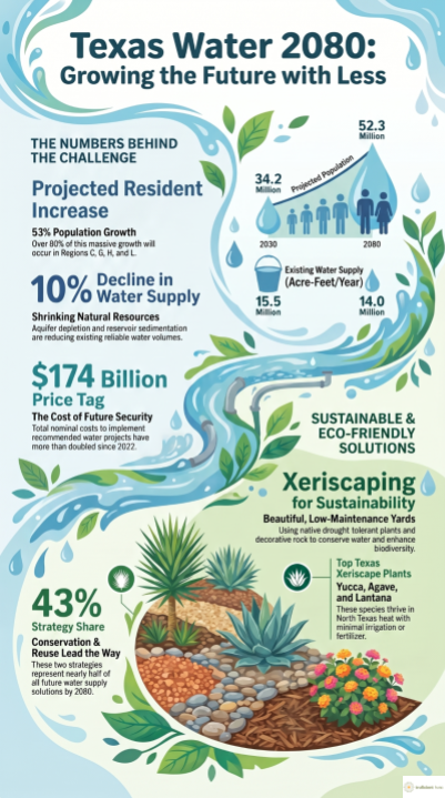 Texas Water 2080 infographic showing population growth, declining water supply, and xeriscaping solutions