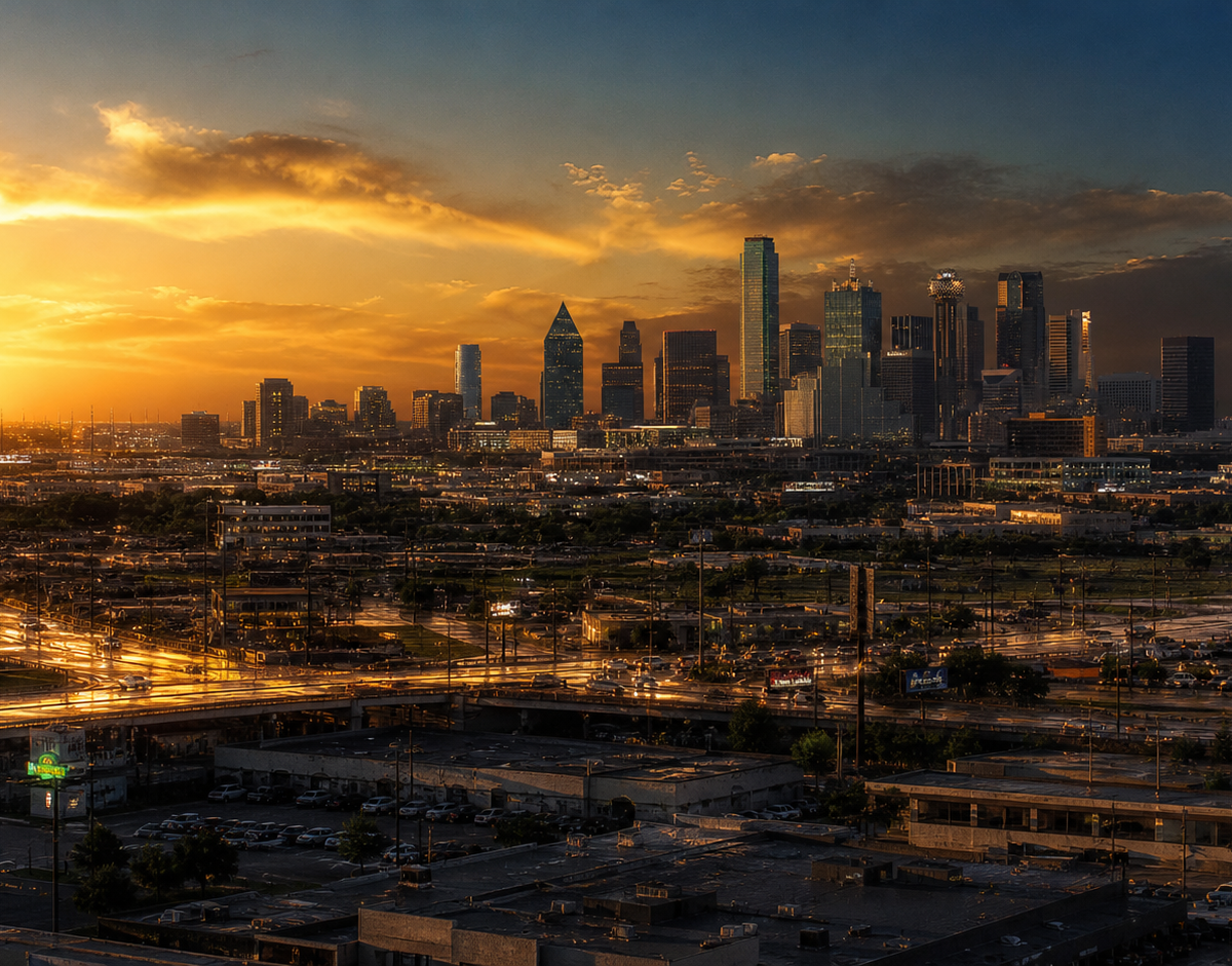 Dallas skyline at sunset under hazy, humid sky over North Texas